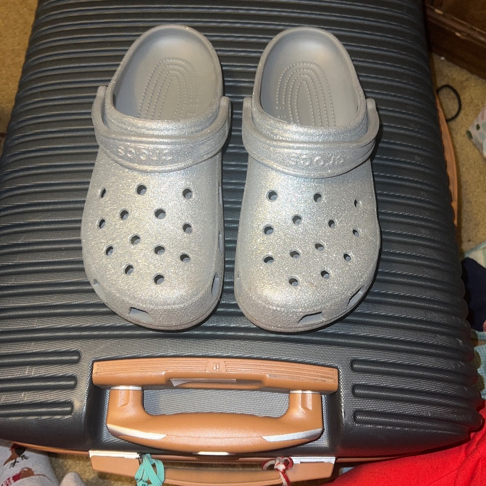 Silver sparkly crocs